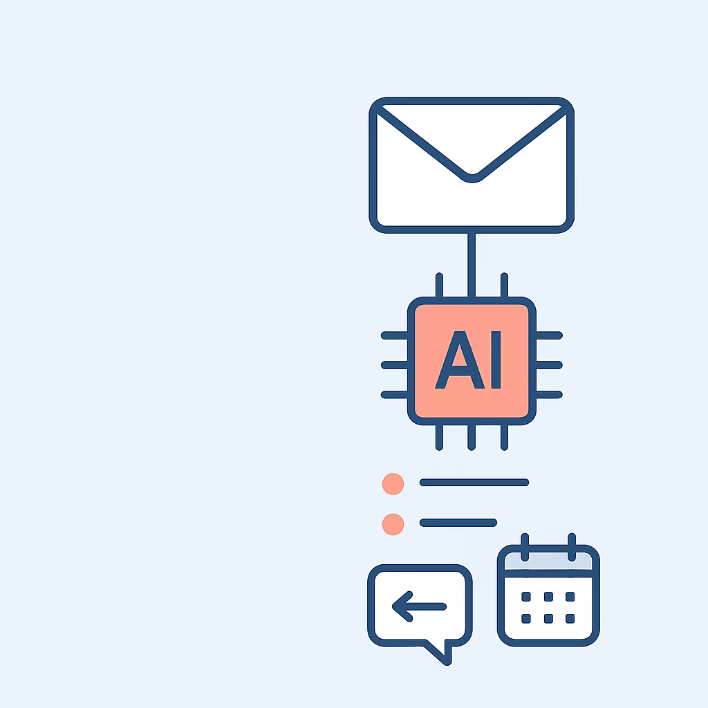 Stylised envelope, AI chip and icons illustration